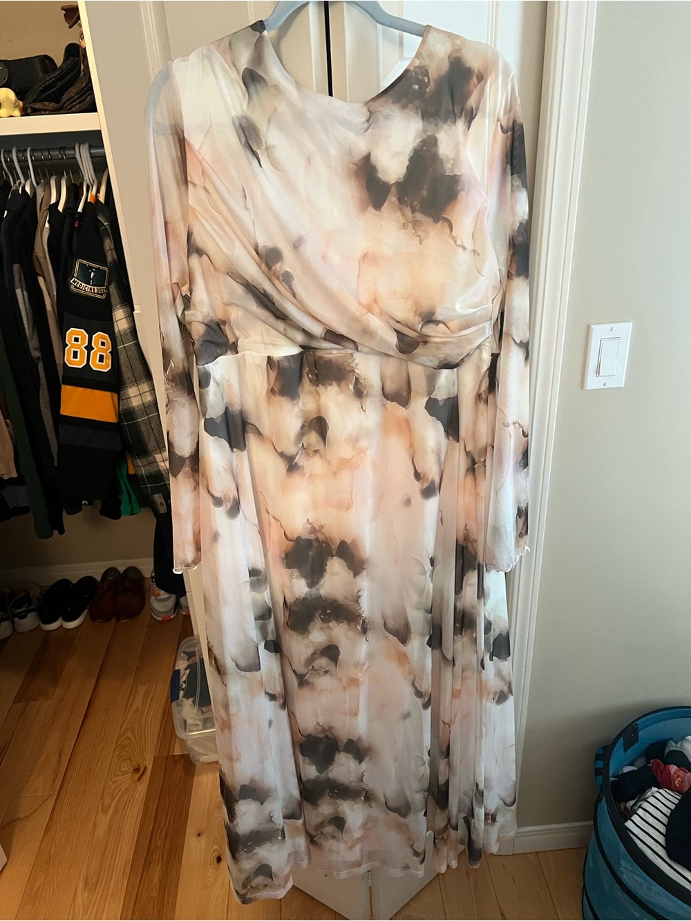 SHEIN Long Sleeve Watercolor Maxi Maternity Dress in Cream, Gray & Blush